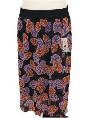 NWT LuLaRoe Lola Midi  Skirt Purple & Orange Rose Floral Pattern Size L (12-14)